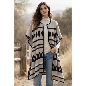 Lucky Brand Southwestern Ruana Poncho Cozy Sweater Blanket Duster Cardigan OS
